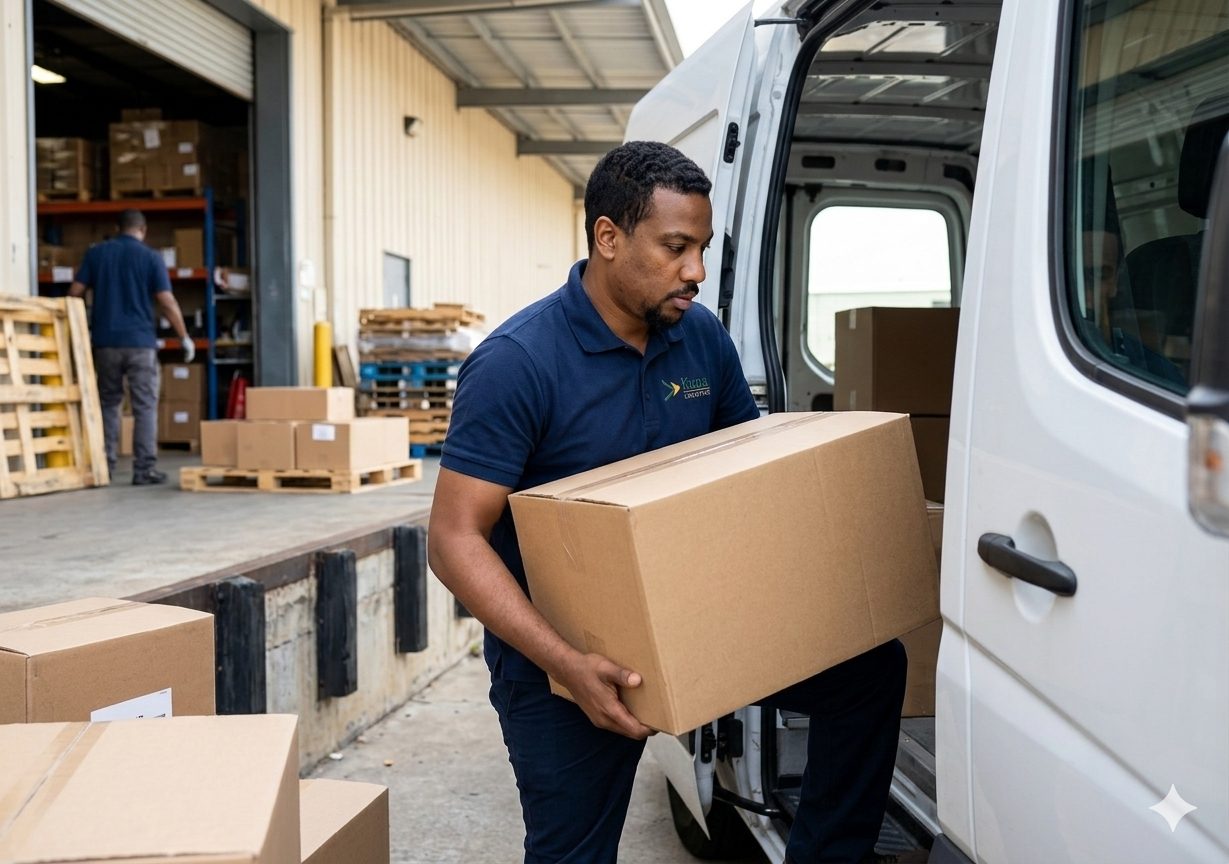 A Kuna mover carrying a wrapped box from a home to the waiting van