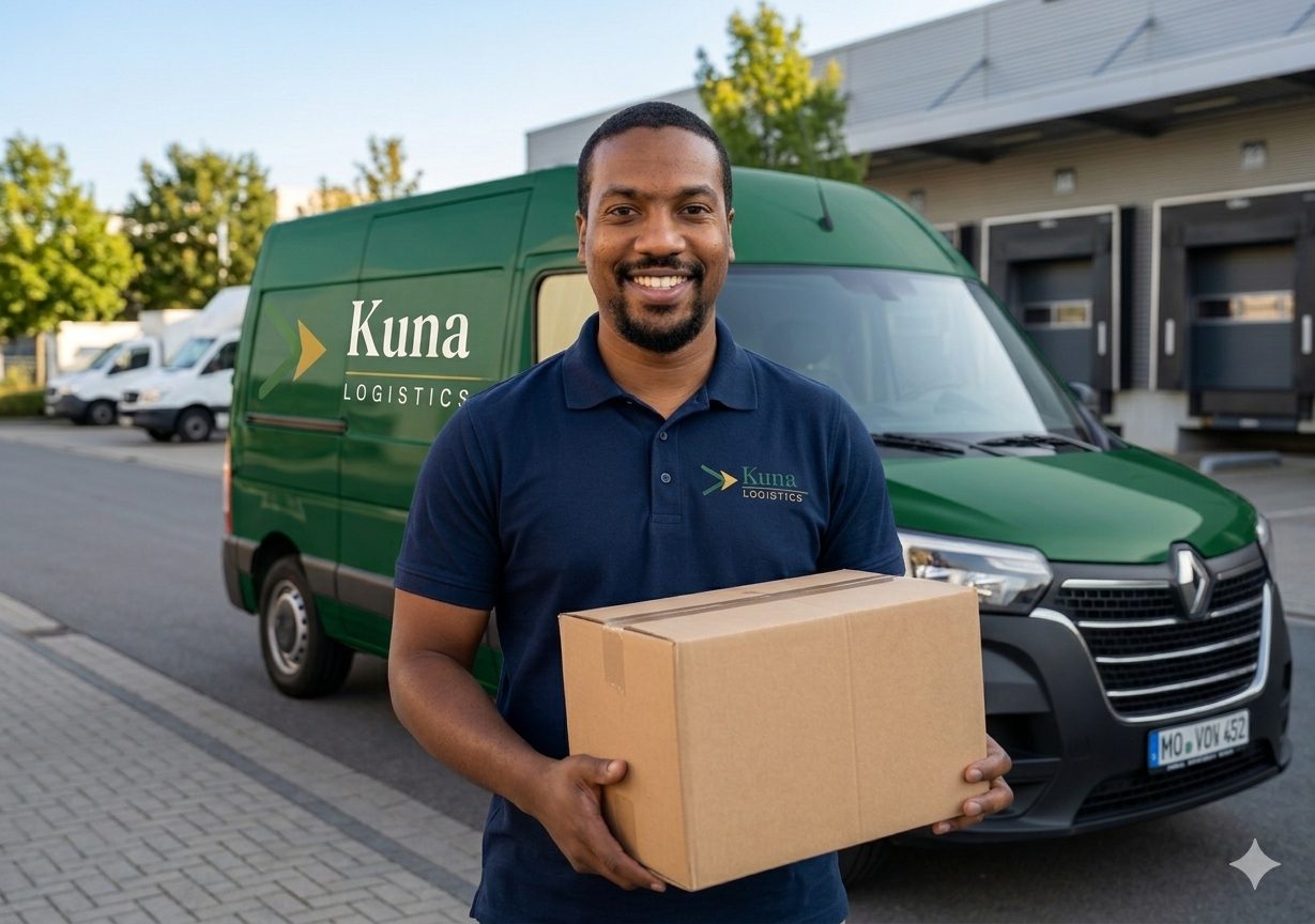 A smiling Kuna Logistics courier in a branded polo holding a parcel in front of a green Kuna-branded Renault Master van