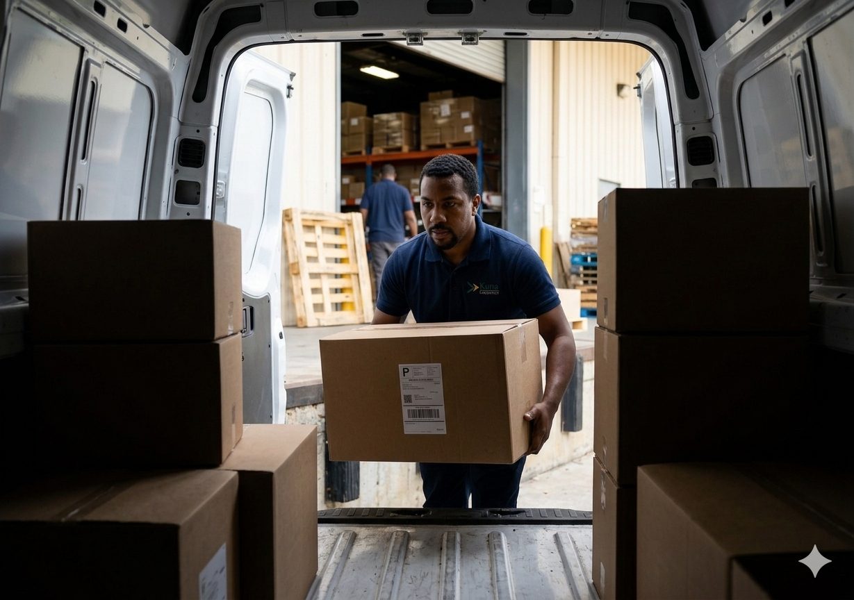A Kuna mover in branded uniform carefully loading boxes into a van