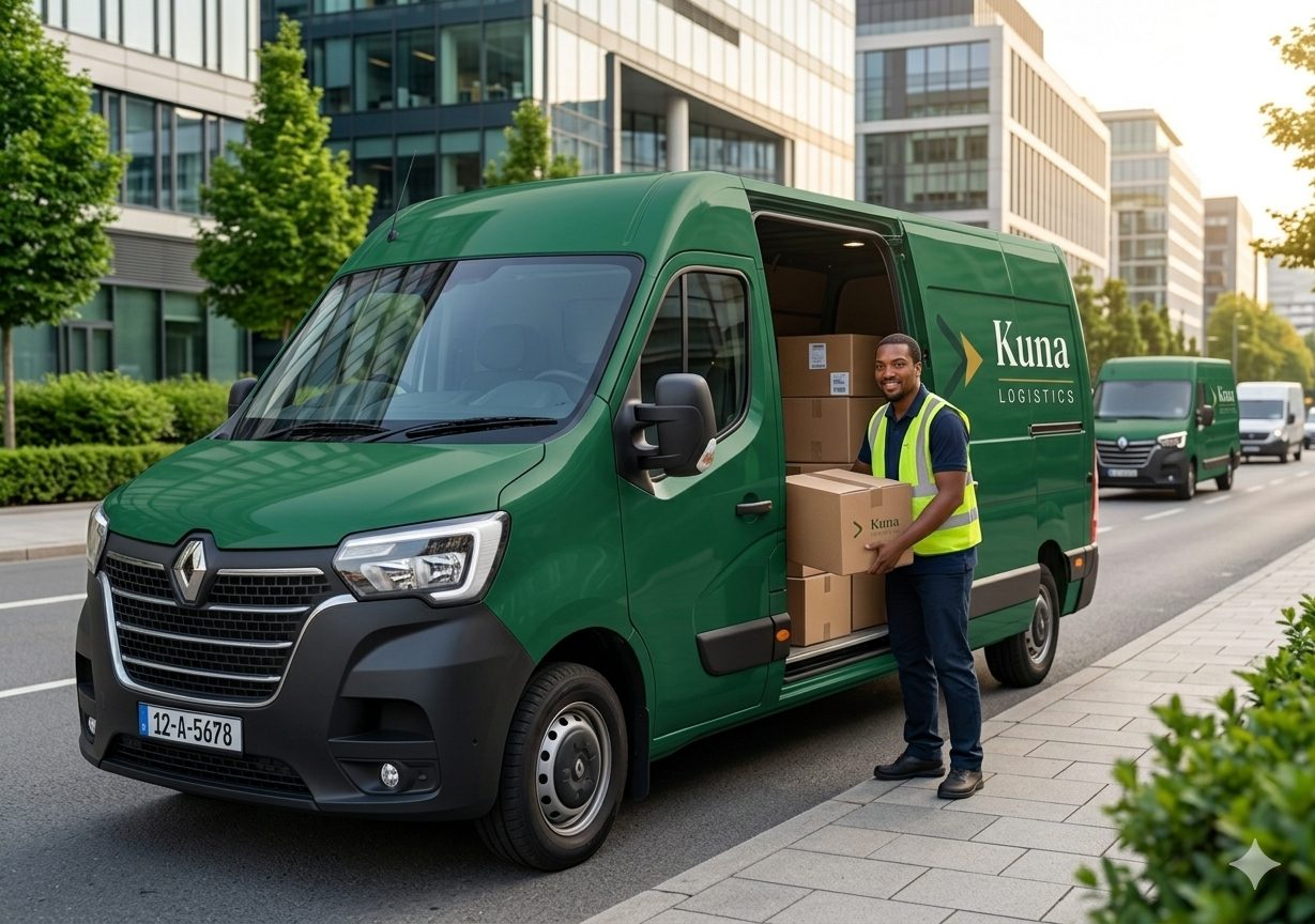 A green Kuna Logistics van loading on a London street, with a crew member in branded uniform
